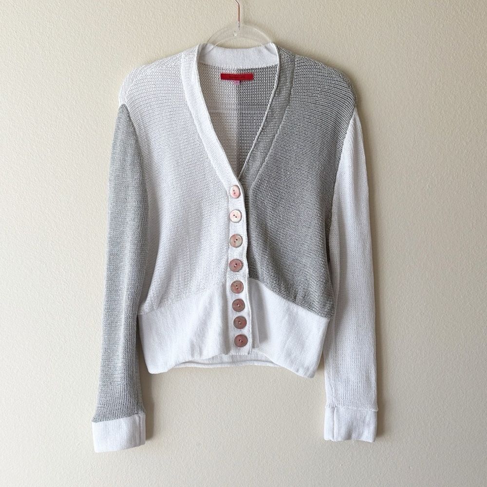 Eckhaus Latta 100% Cotton Asymmetric Colorblock Knit Cardigan Grey & White